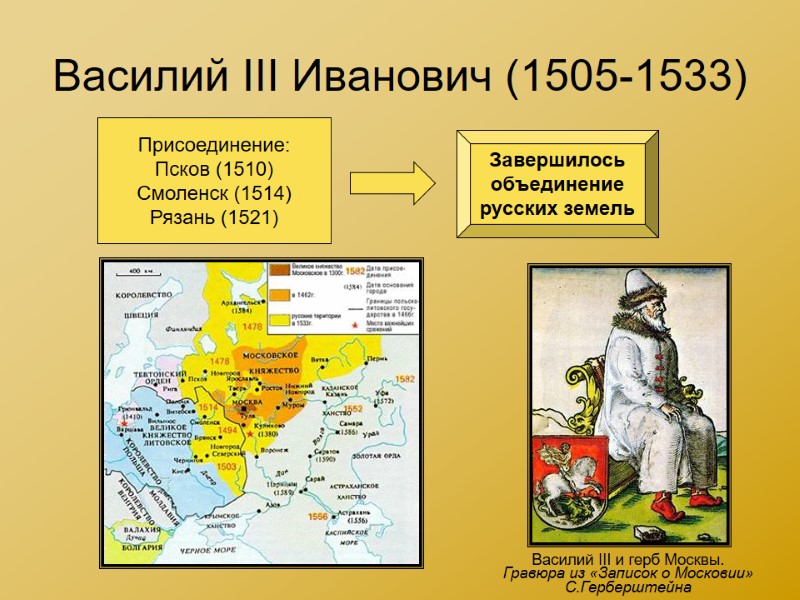 Василий III Иванович (1505-1533) Присоединение: Псков (1510) Смоленск (1514) Рязань (1521) Завершилось объединение русских